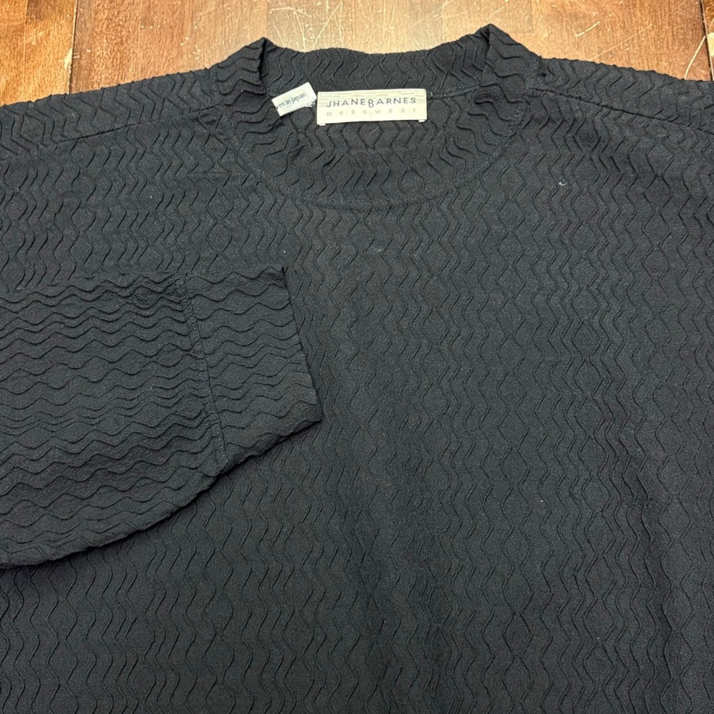 Vtg Jhane Barnes Sweater Mens L Black Textured Wave Pattern Long Sleeve Crewneck
